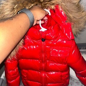 Moncler Shiny Red Jacket with Faux Fur Trim